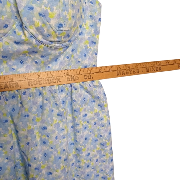 FOREVER 21 Blue Yellow Floral Print Smocked Strappy Sleeveless Mini Dress Small - Picture 7 of 9